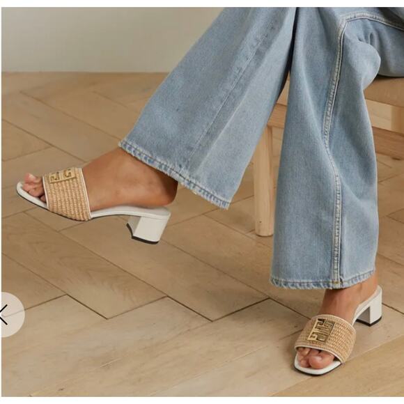 Givenchy Sandal Raffia 4G Block Heel Leather Mules Ivory Tan - Picture 2 of 11